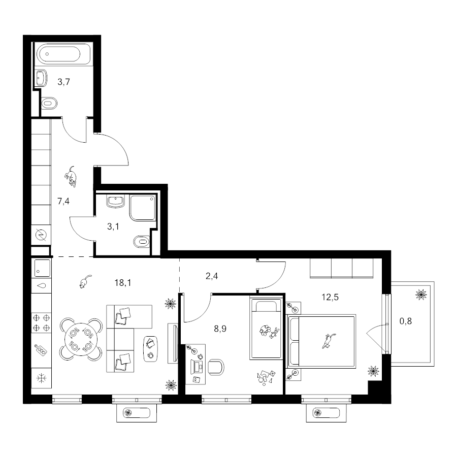 3 ккв (Евро) 56,9 м²