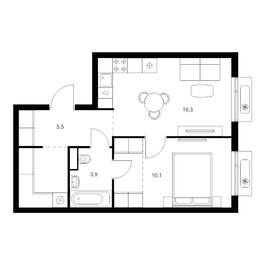 2 ккв (Евро) 43,8 м²