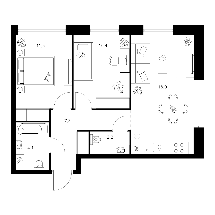 3 ккв (Евро) 54,4 м²