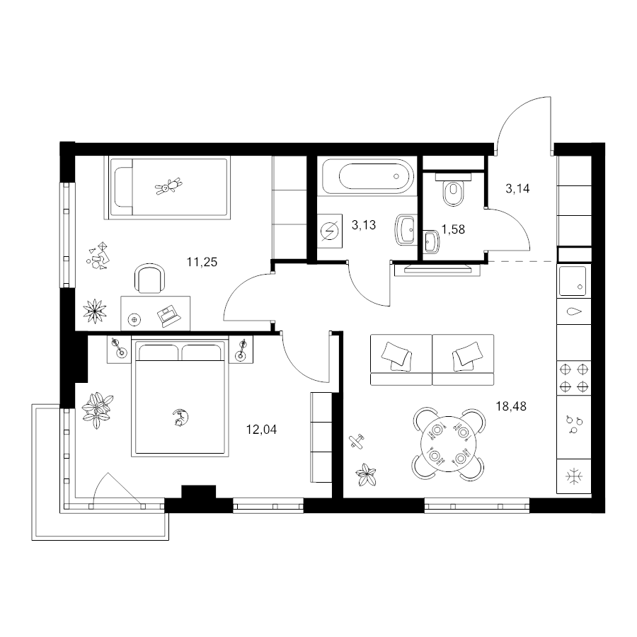 3 ккв (Евро) 49,6 м²