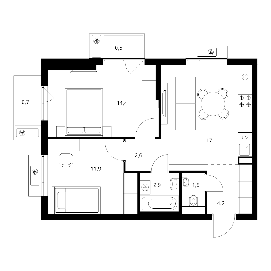 3 ккв (Евро) 55,7 м²
