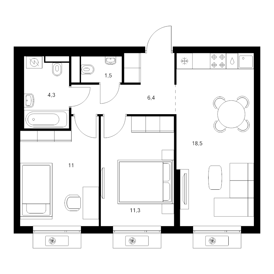 3 ккв (Евро) 53 м²