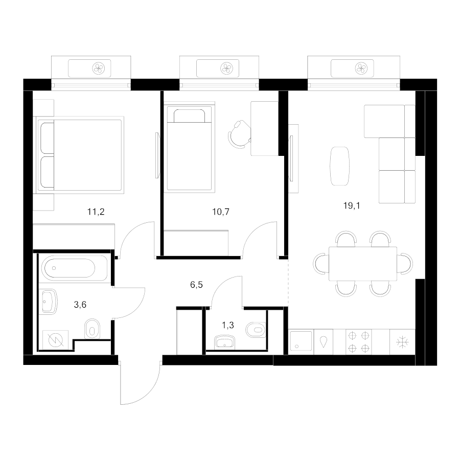 3 ккв (Евро) 52,4 м²
