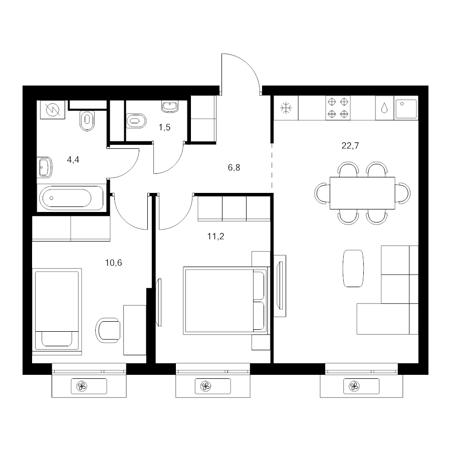 3 ккв (Евро) 57,2 м²