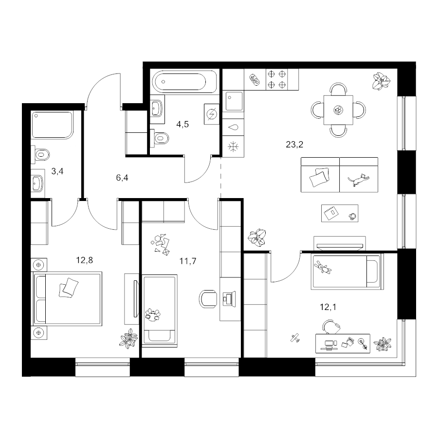 4 ккв (Евро) 74,1 м²