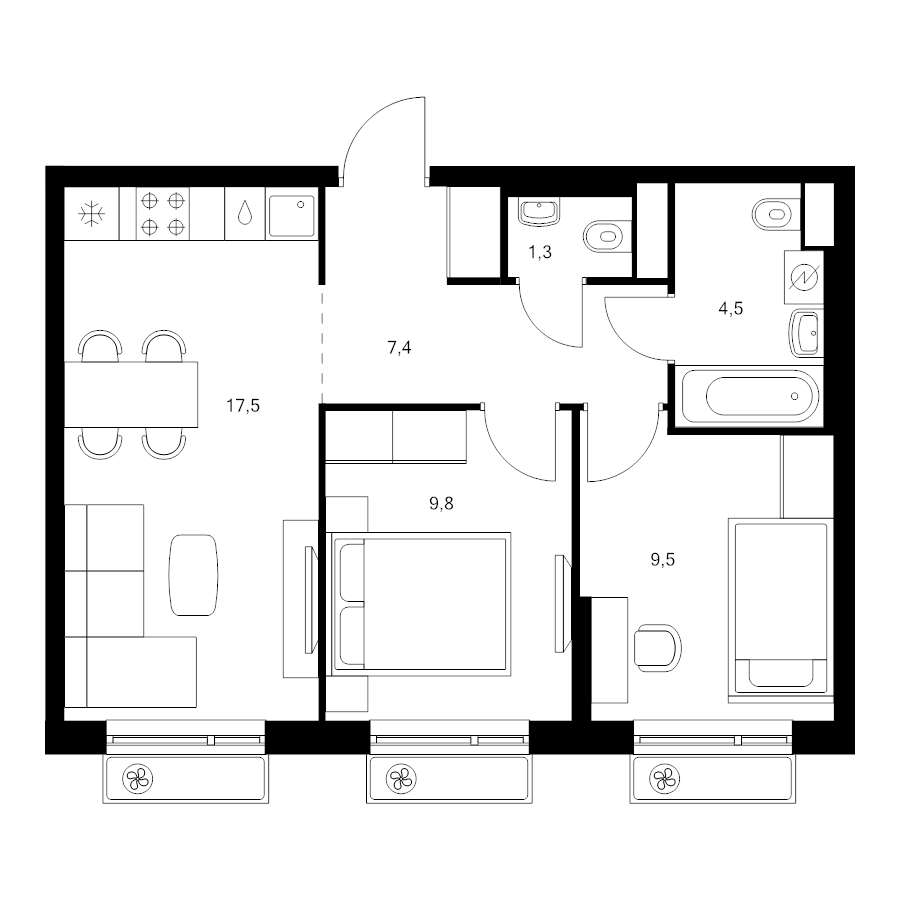 3 ккв (Евро) 50 м²