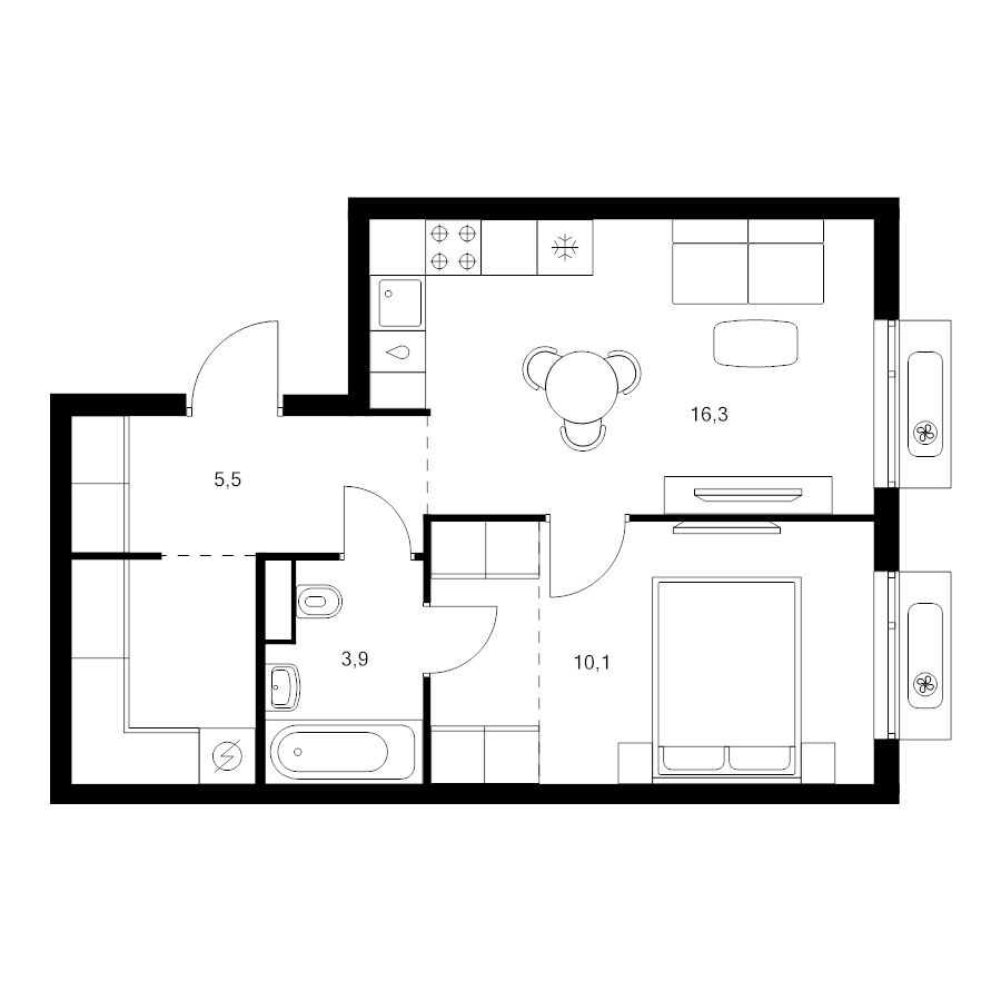 2 ккв (Евро) 43,8 м²