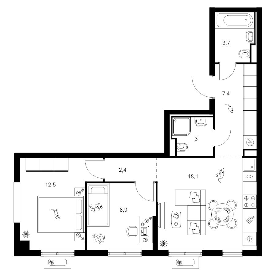 3 ккв (Евро) 56 м²