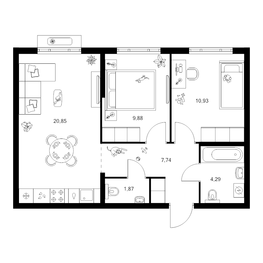 3 ккв (Евро) 55,6 м²