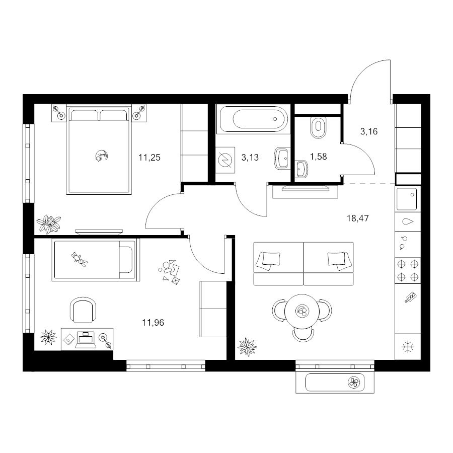 3 ккв (Евро) 49,6 м²