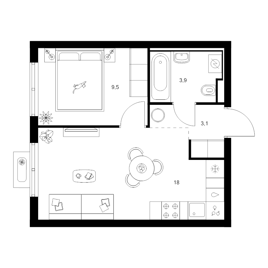 2 ккв (Евро) 34,5 м²