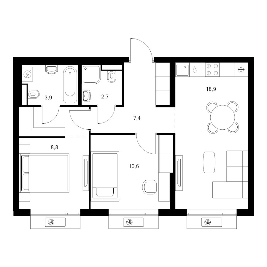 3 ккв (Евро) 55,9 м²