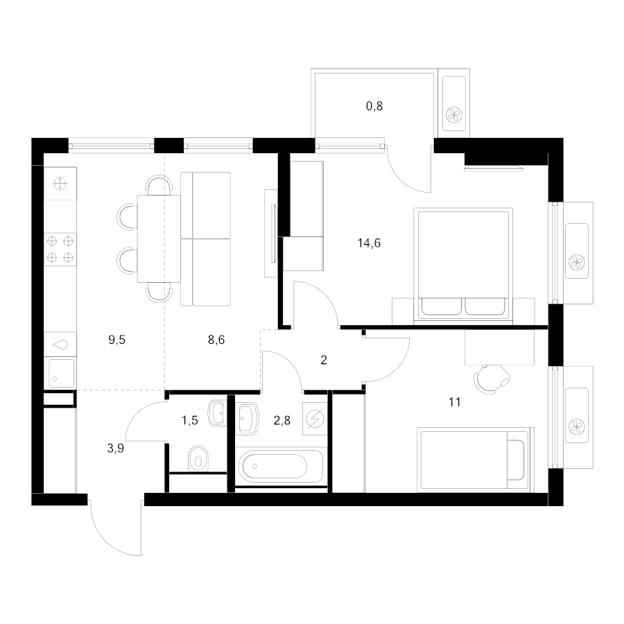 3 ккв (Евро) 54,8 м²