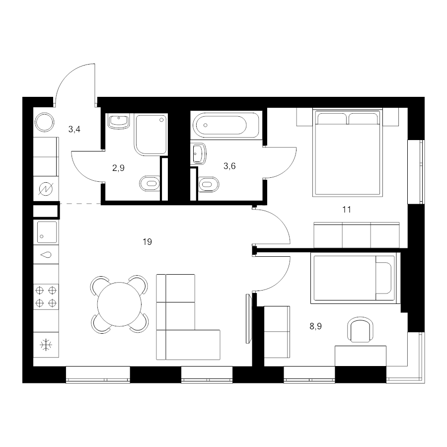 3 ккв (Евро) 48,8 м²