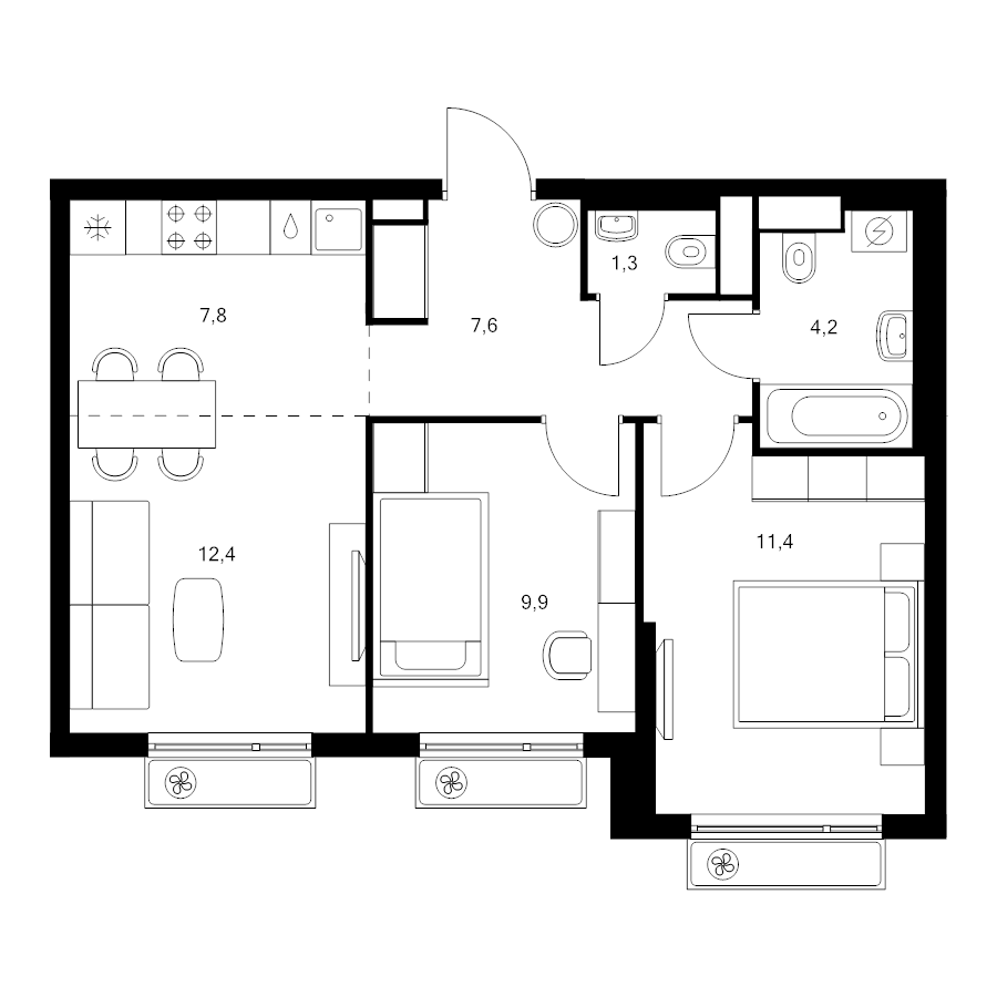 3 ккв (Евро) 54,6 м²