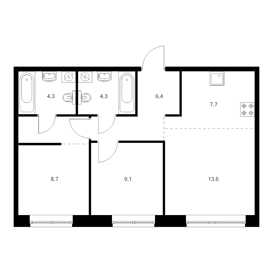 3 ккв (Евро) 57 м²