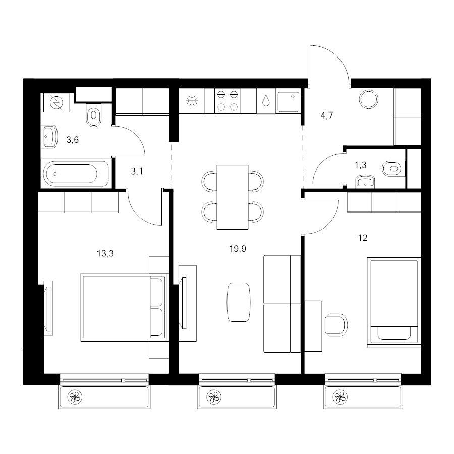 3 ккв (Евро) 57,9 м²