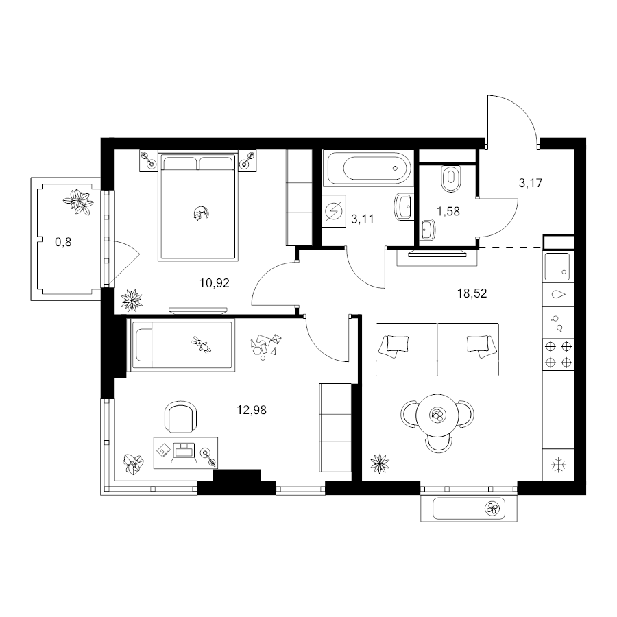 3 ккв (Евро) 51,1 м²