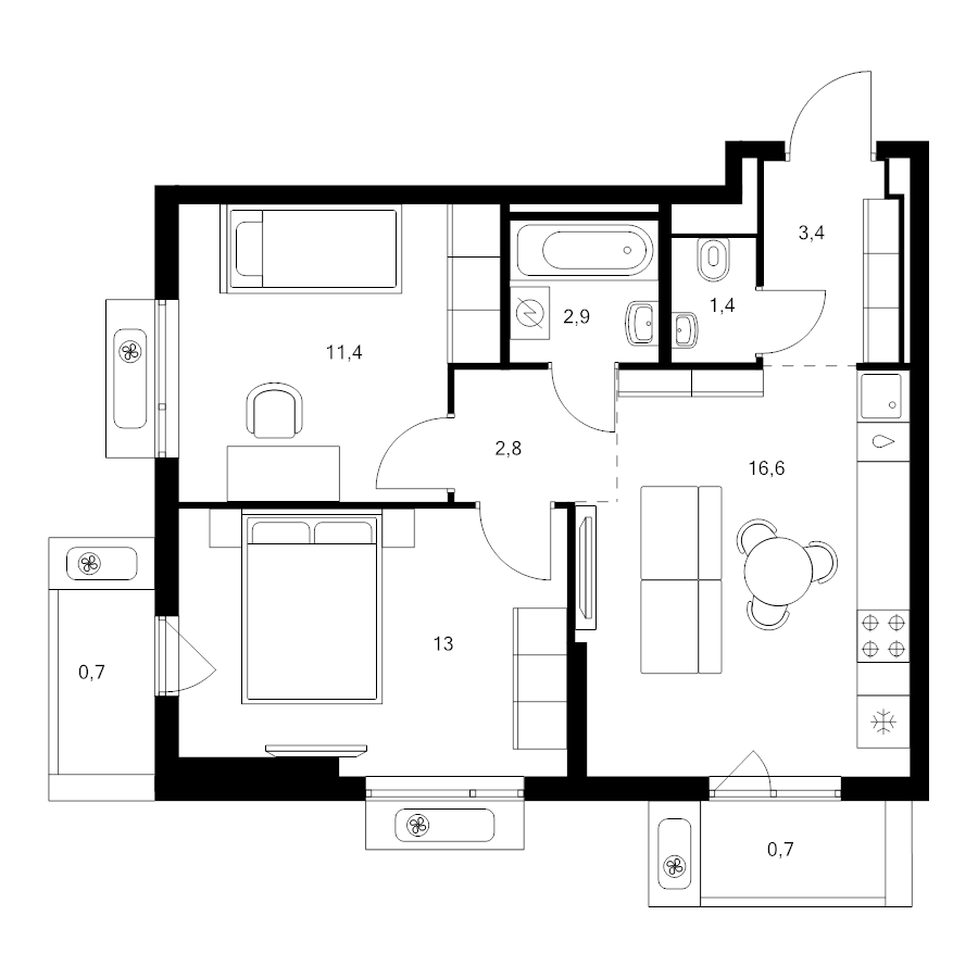 3 ккв (Евро) 52,9 м²