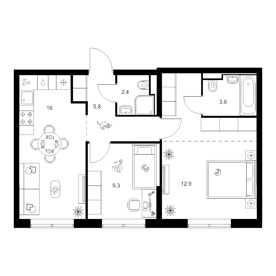 3 ккв (Евро) 57 м²
