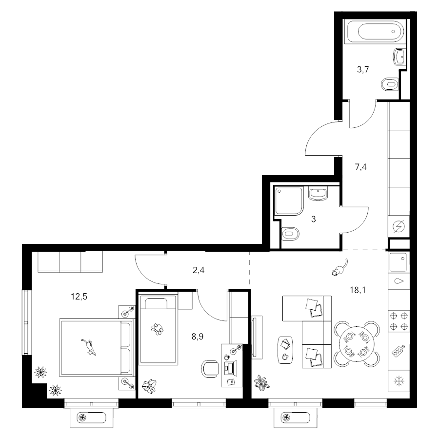 3 ккв (Евро) 56 м²