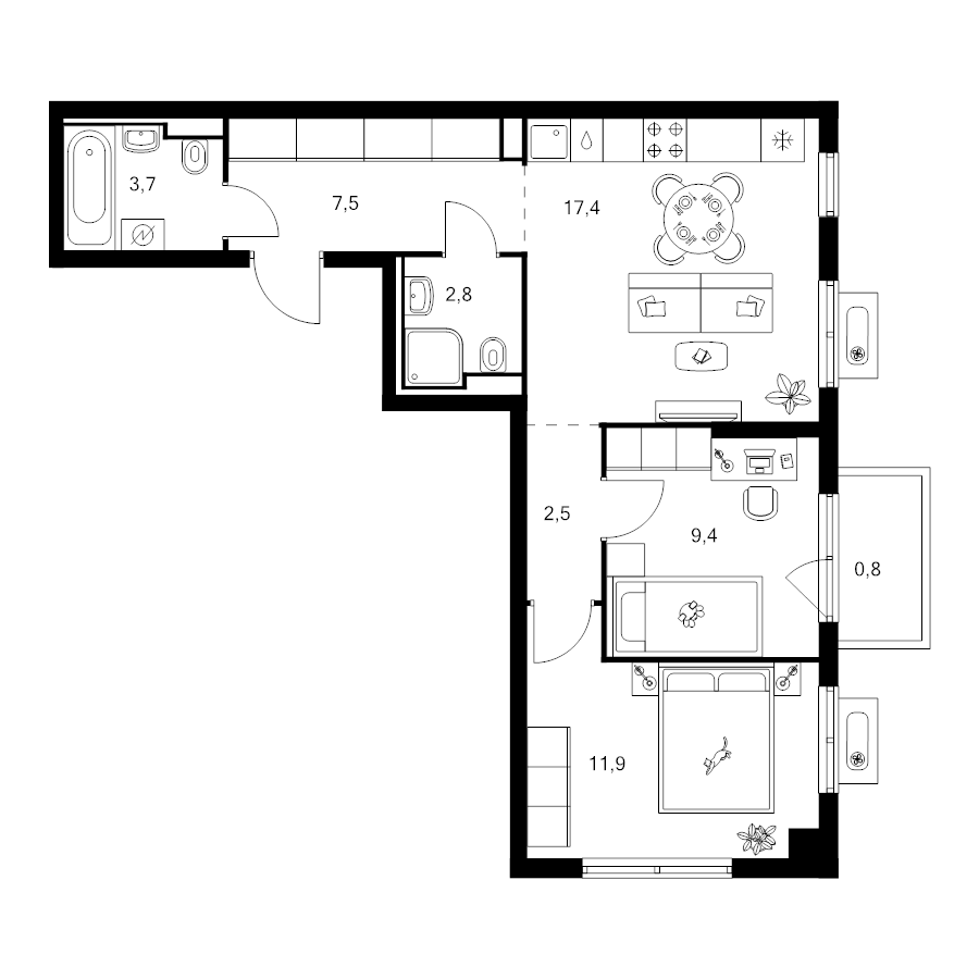 3 ккв (Евро) 56 м²