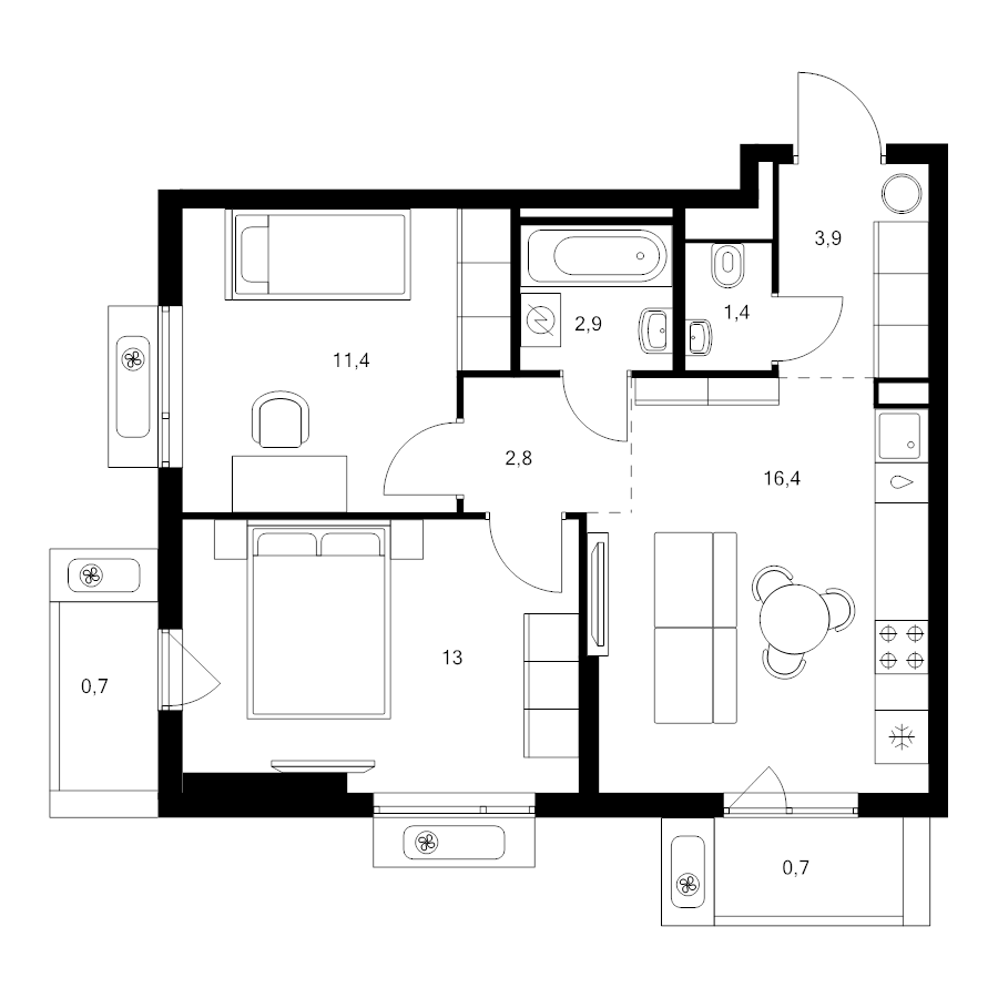 3 ккв (Евро) 53,2 м²