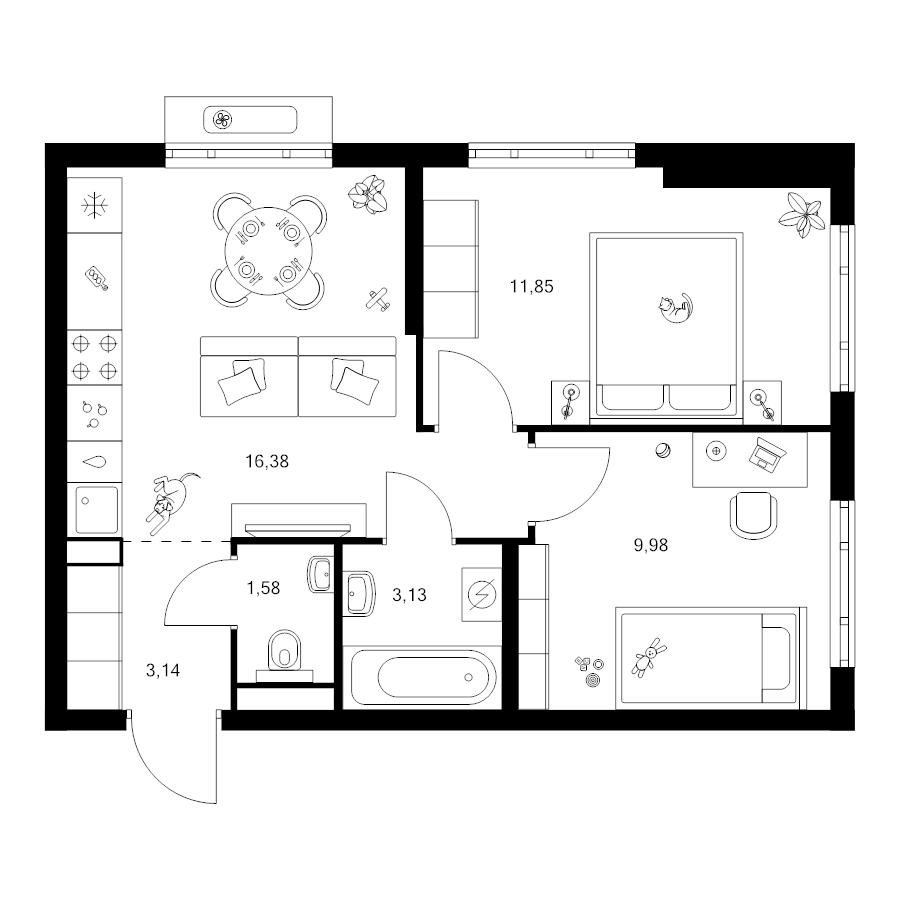 3 ккв (Евро) 46,1 м²