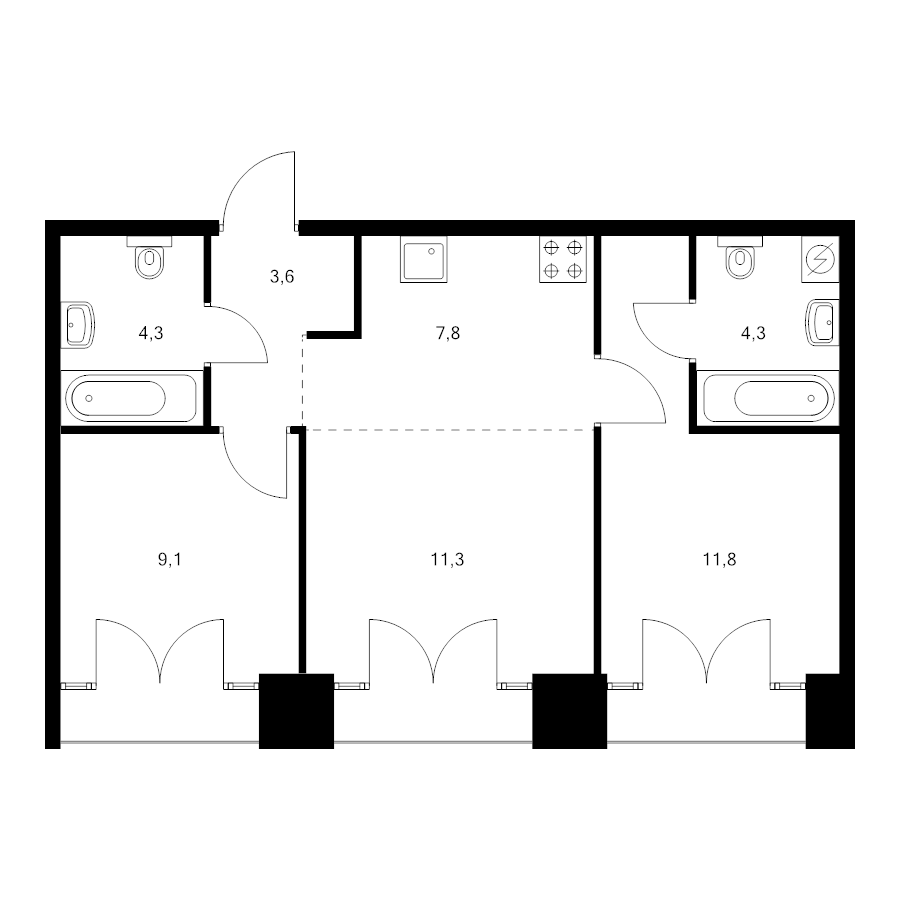 3 ккв (Евро) 53,8 м²