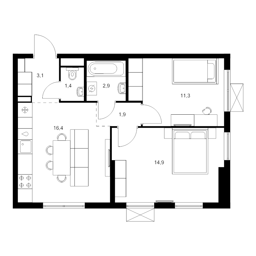 3 ккв (Евро) 51,9 м²
