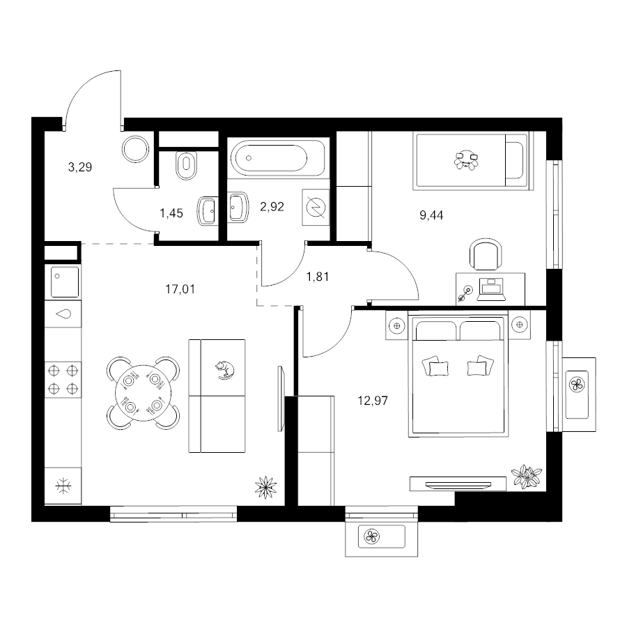 3 ккв (Евро) 48,9 м²