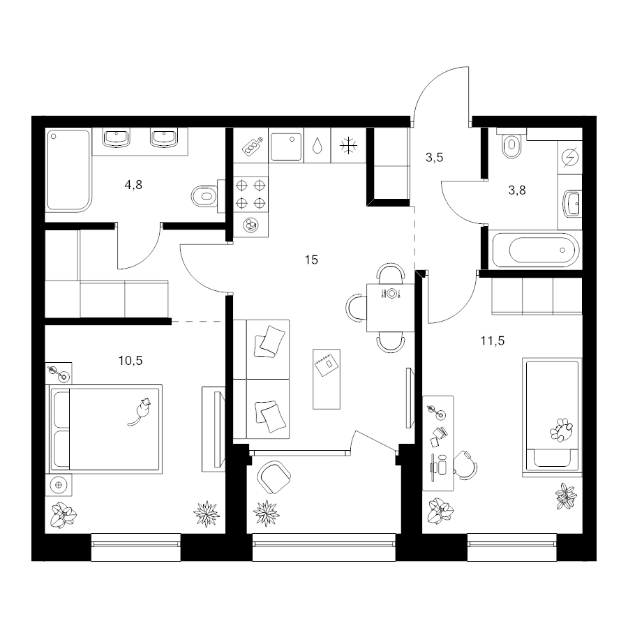 3 ккв (Евро) 55 м²