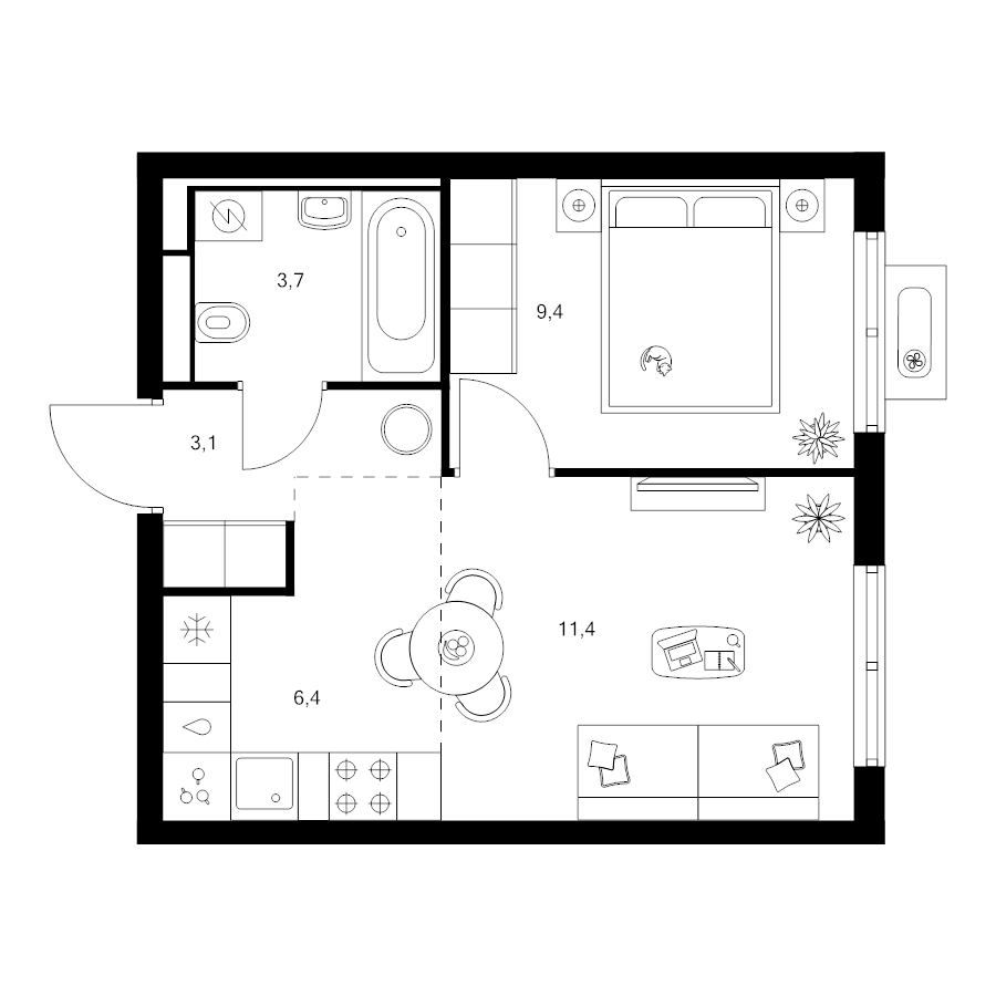2 ккв (Евро) 34 м²
