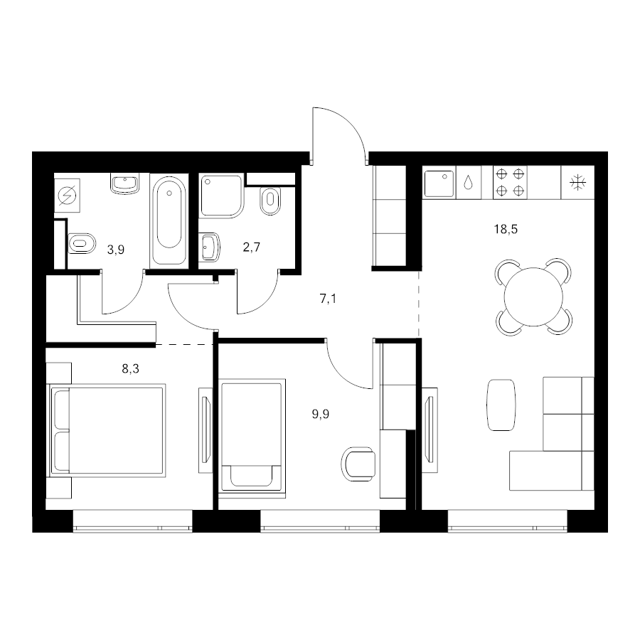 3 ккв (Евро) 53,8 м²