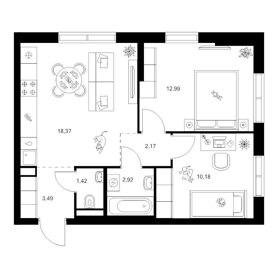 3 ккв (Евро) 51,5 м²