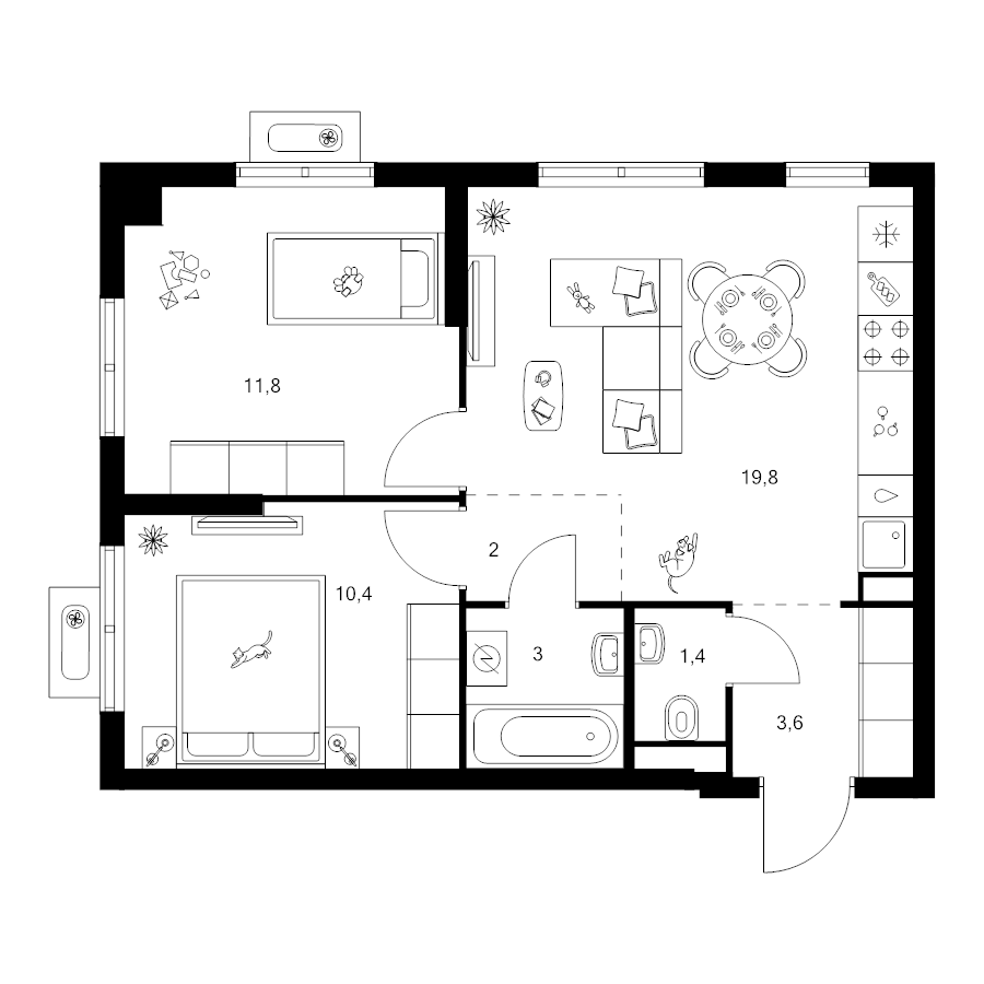 3 ккв (Евро) 52 м²