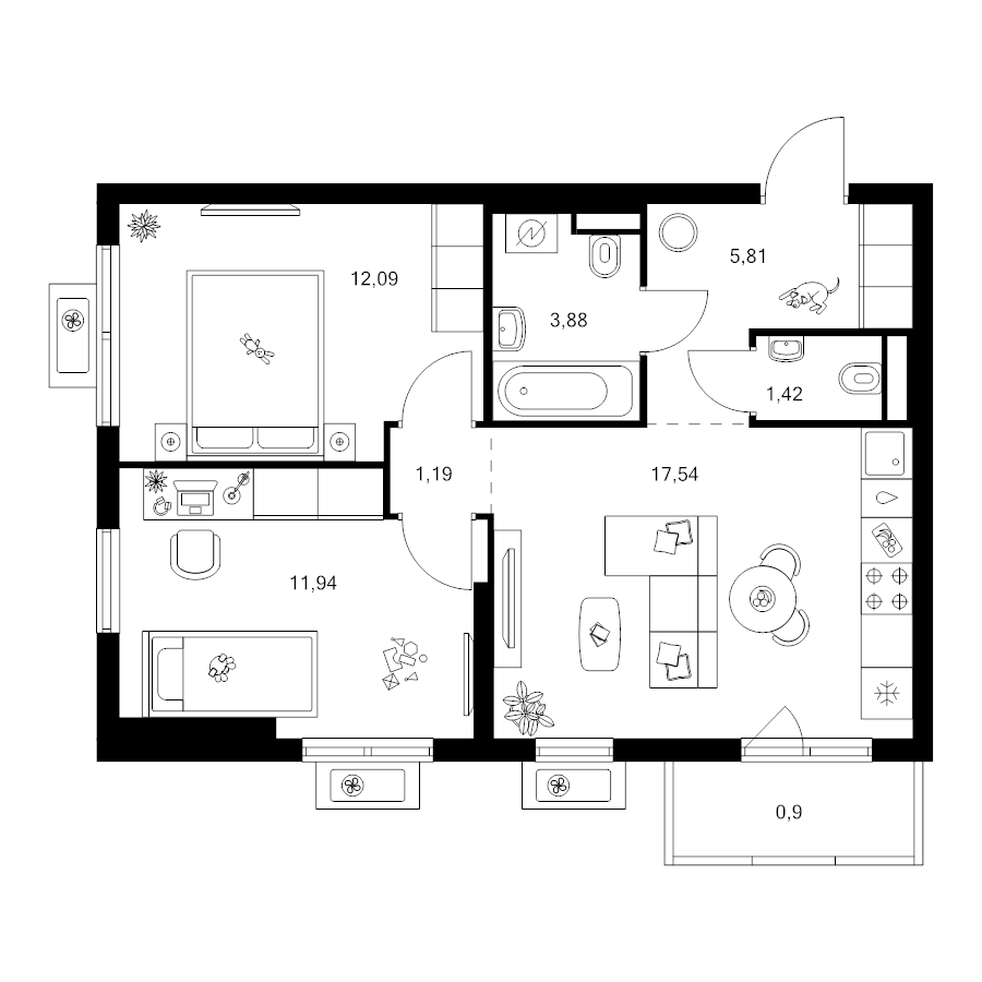3 ккв (Евро) 54,8 м²