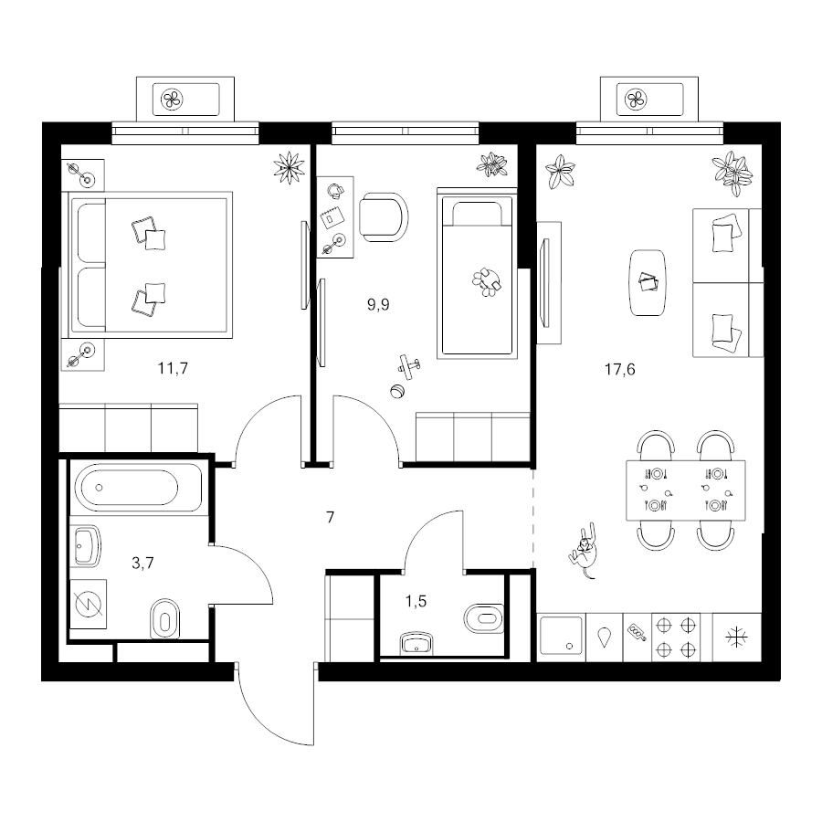 3 ккв (Евро) 51,4 м²