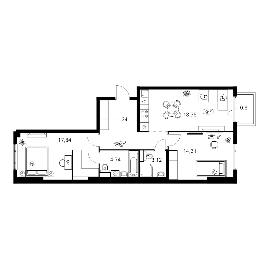 3 ккв (Евро) 70,9 м²
