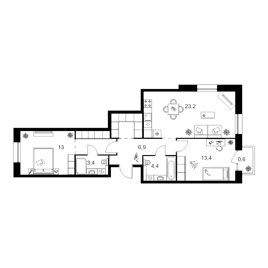 3 ккв (Евро) 74 м²