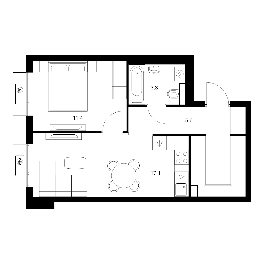 2 ккв (Евро) 43,6 м²