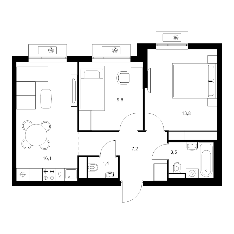 3 ккв (Евро) 51,6 м²