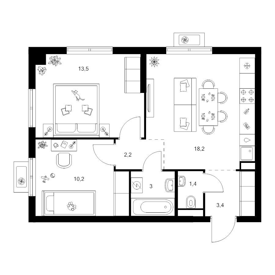3 ккв (Евро) 51,9 м²