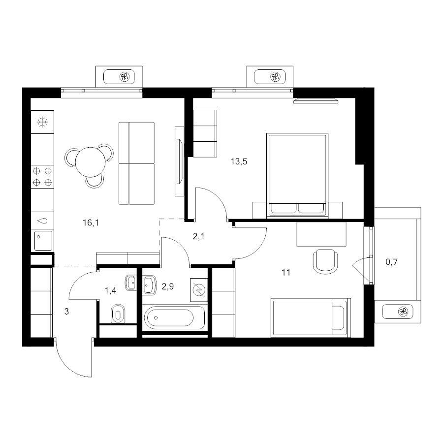 3 ккв (Евро) 50,7 м²