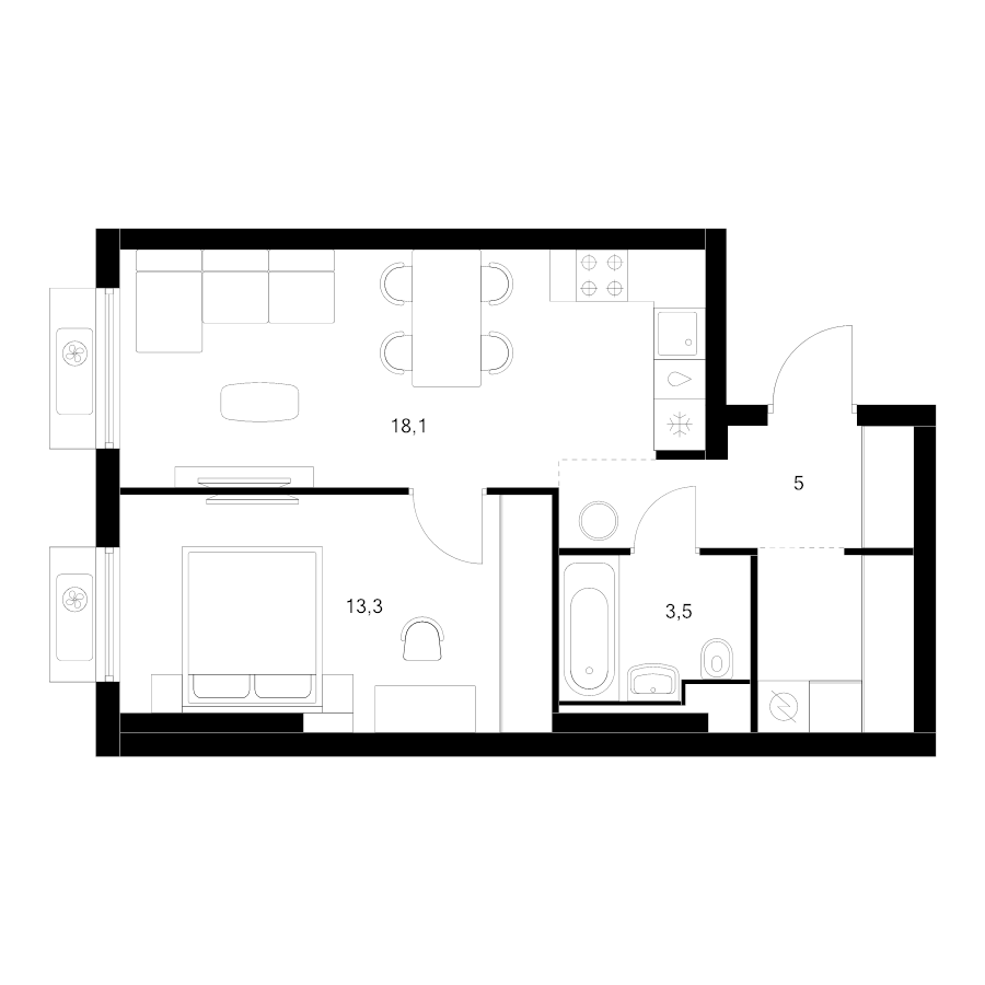 2 ккв (Евро) 43,6 м²