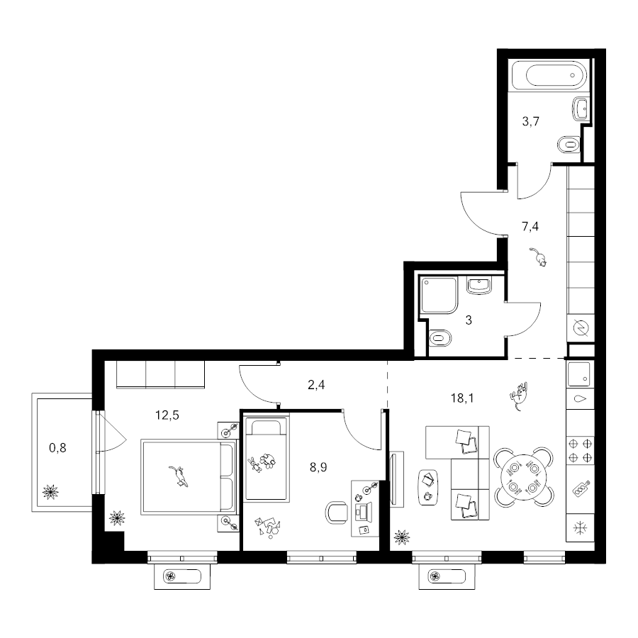 3 ккв (Евро) 56,8 м²