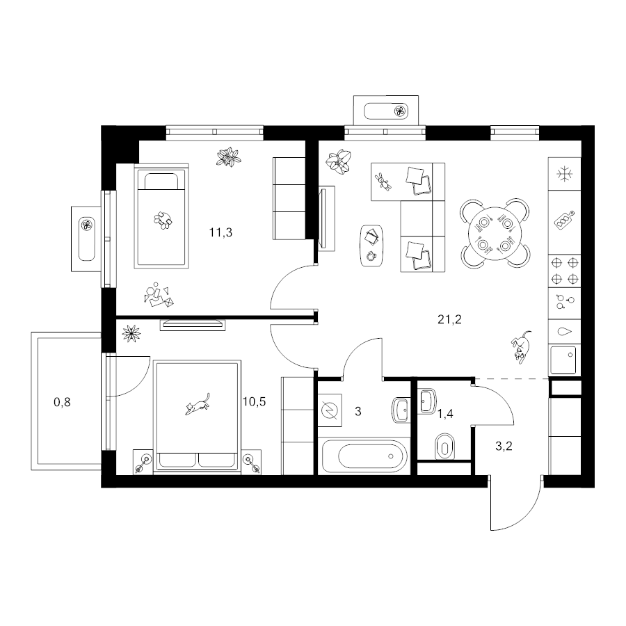 3 ккв (Евро) 51,4 м²