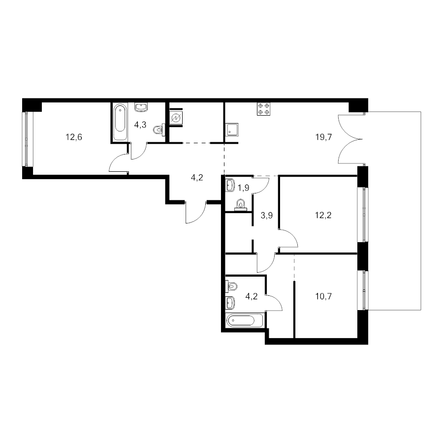 4 ккв (Евро) 96,9 м²