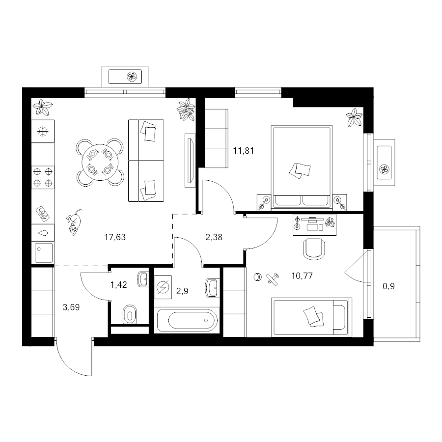 3 ккв (Евро) 51,5 м²