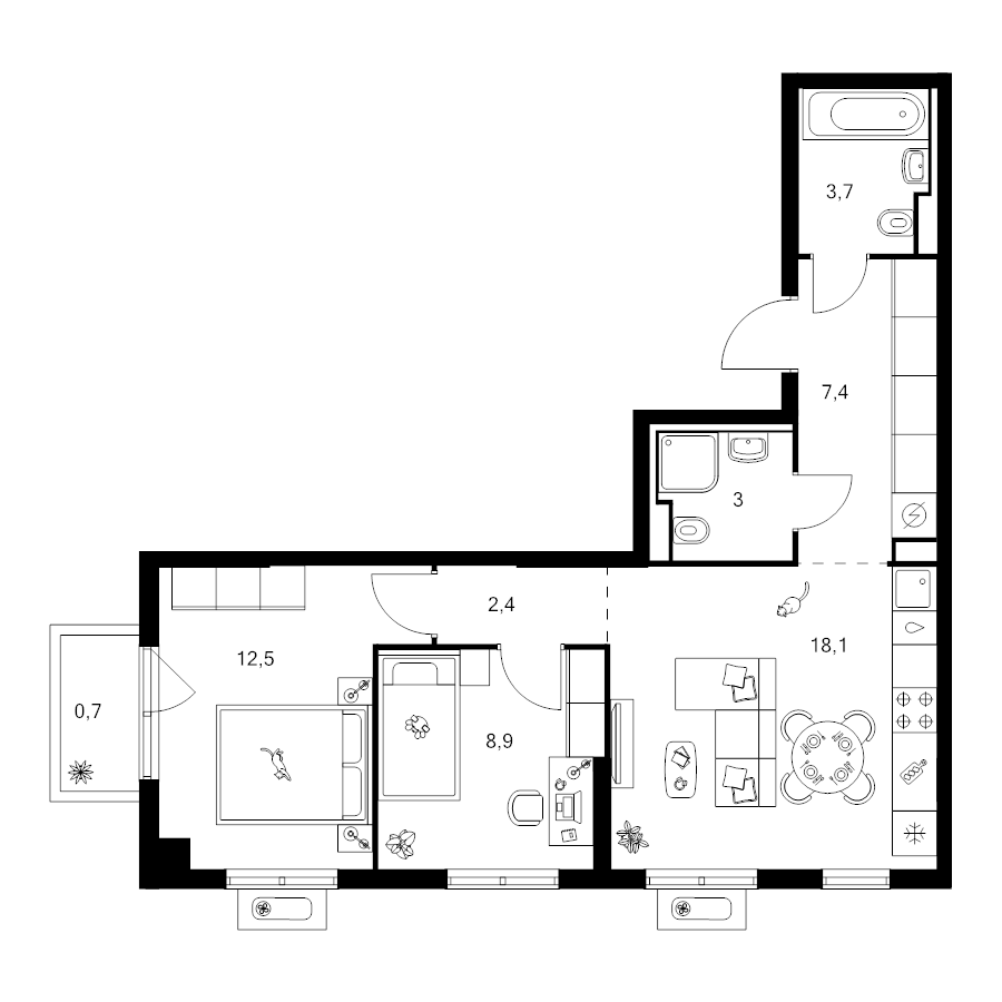 3 ккв (Евро) 56,7 м²